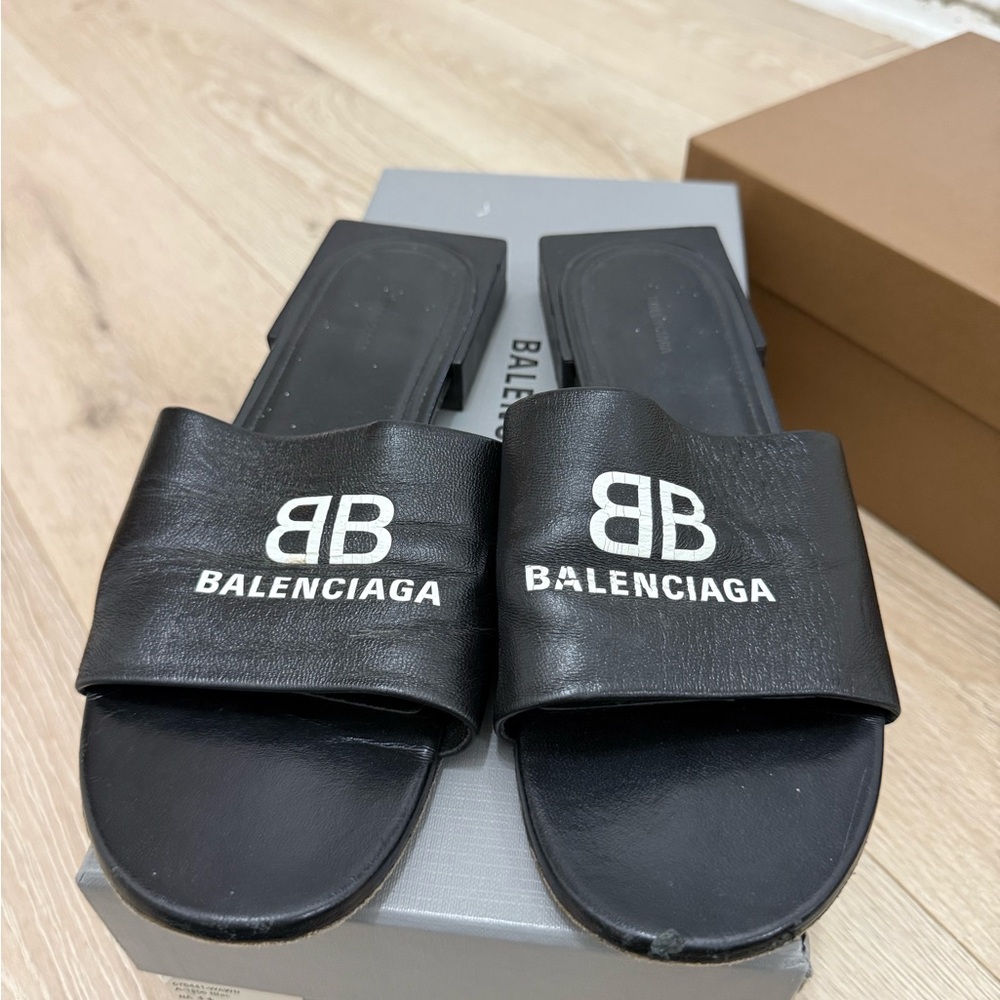 Balenciaga Black Slides with White Logo